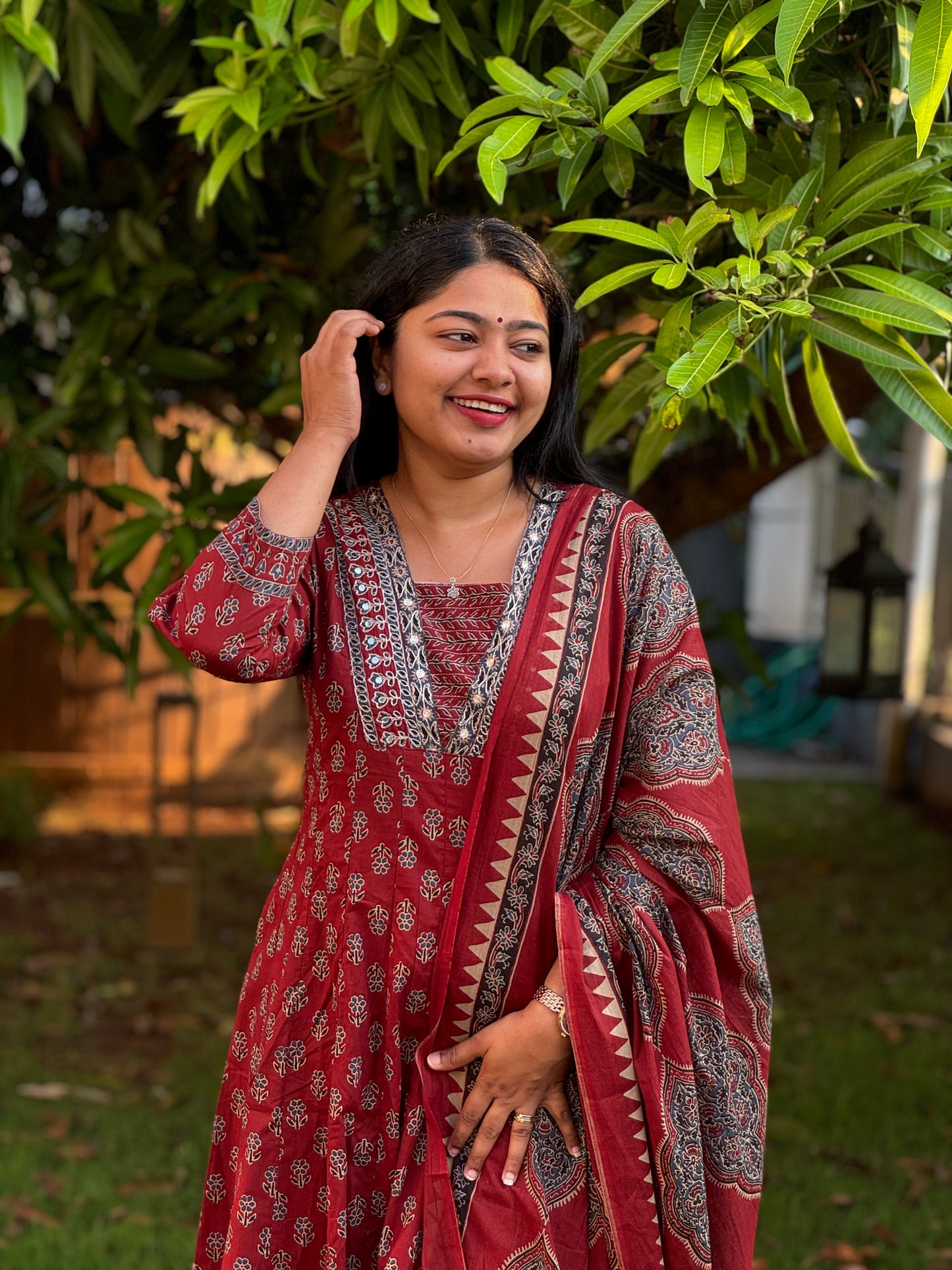 Maroon with floral print Cotton Anarkali 3 piece Salwar Set - A1301