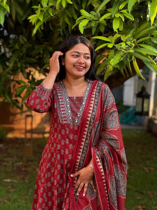 Maroon with floral print Cotton Anarkali 3 piece Salwar Set - A1301