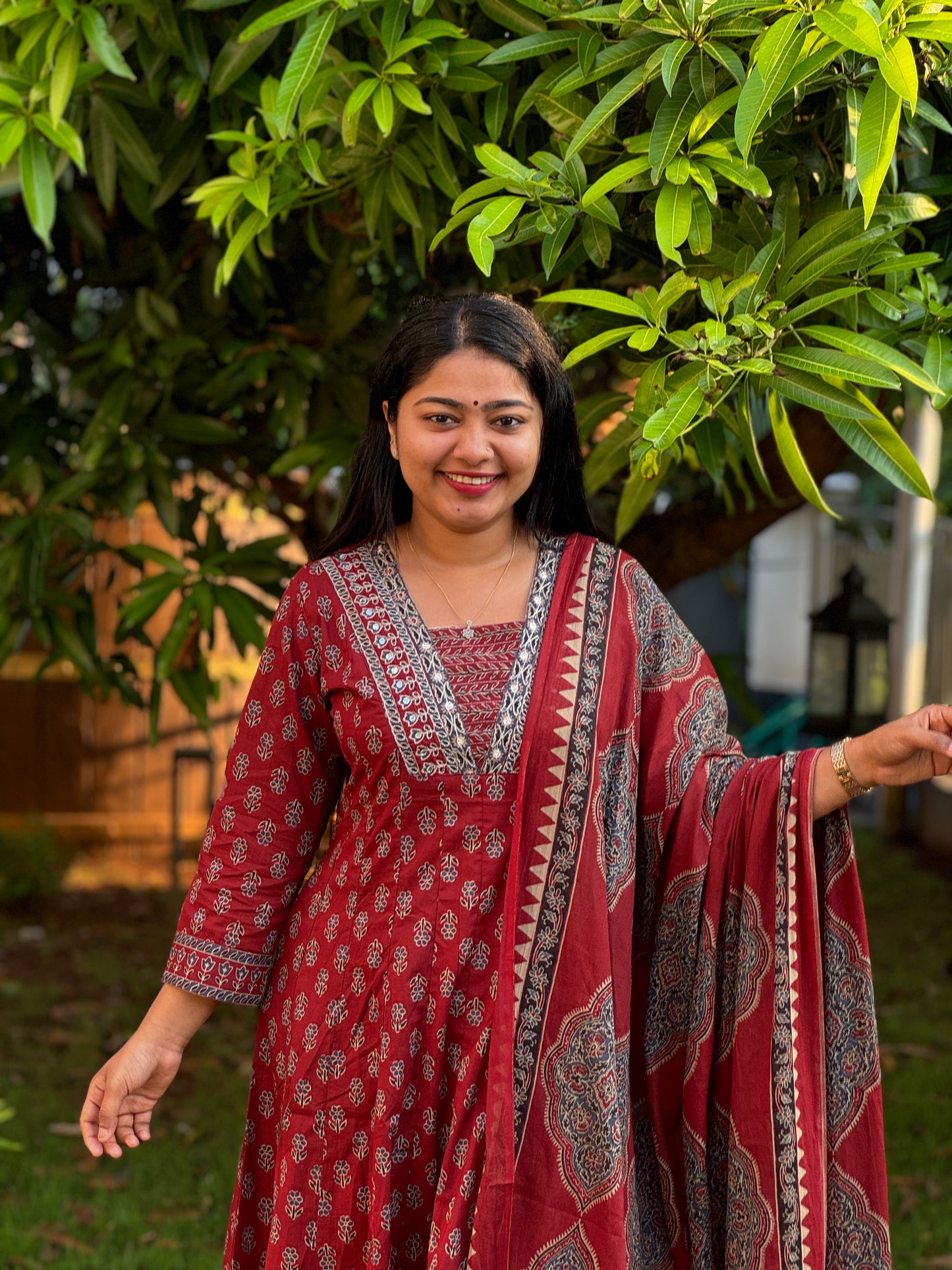 Maroon with floral print Cotton Anarkali 3 piece Salwar Set - A1301