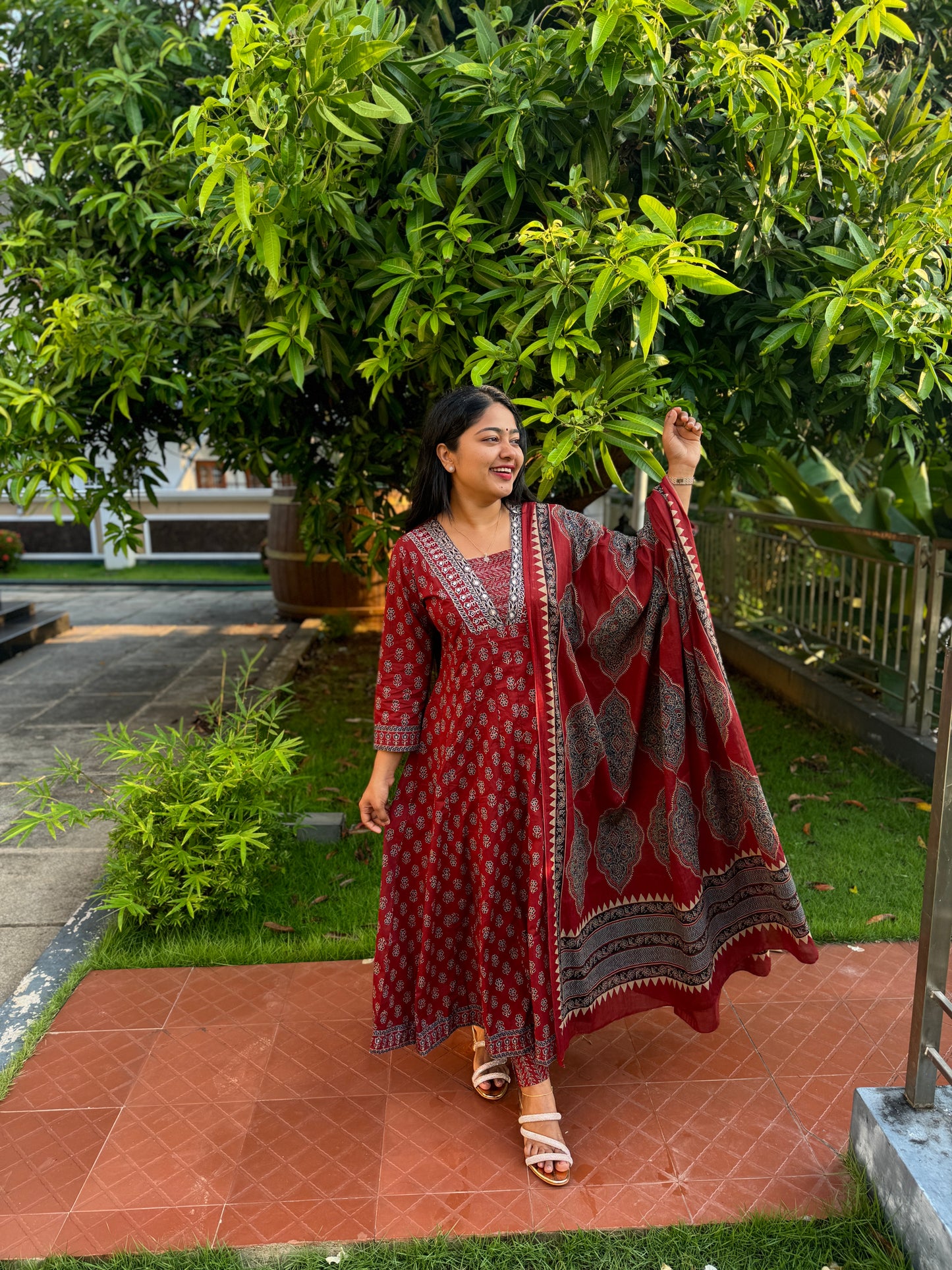Maroon with floral print Cotton Anarkali 3 piece Salwar Set - A1301