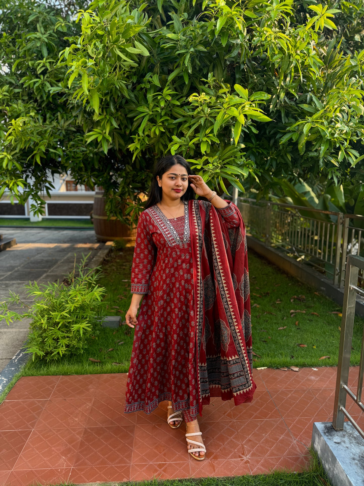 Maroon with floral print Cotton Anarkali 3 piece Salwar Set - A1301