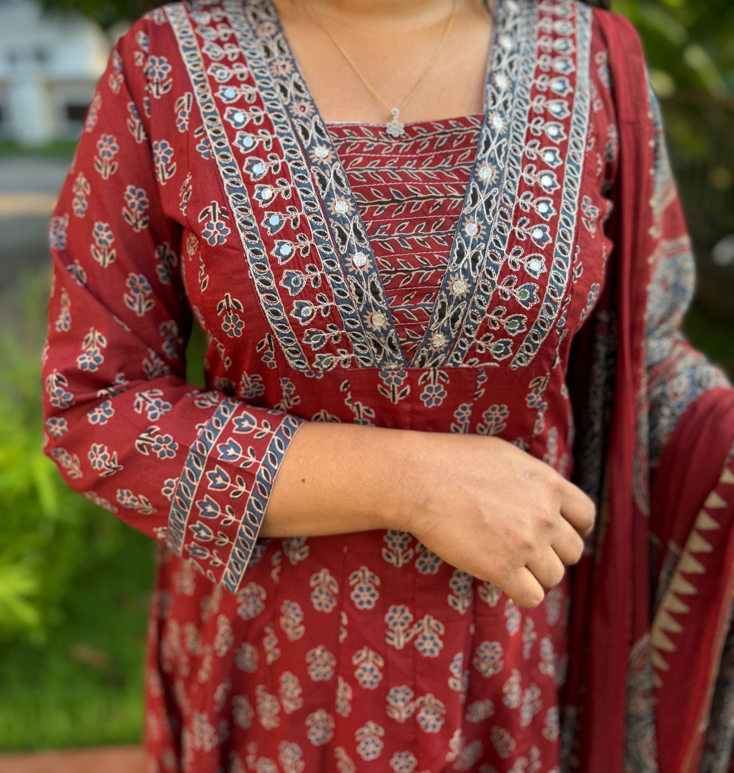 Maroon with floral print Cotton Anarkali 3 piece Salwar Set - A1301