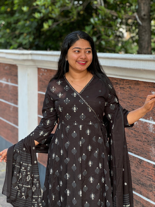 Black Anarkali 3 piece Soft Cotton Salwar Set - A1303