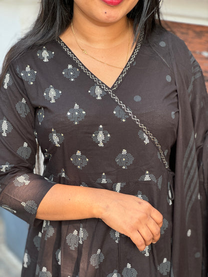 Black Anarkali 3 piece Soft Cotton Salwar Set - A1303