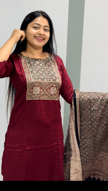 Maroon Modal Silk Set with Ajrak Dupatta – A1316