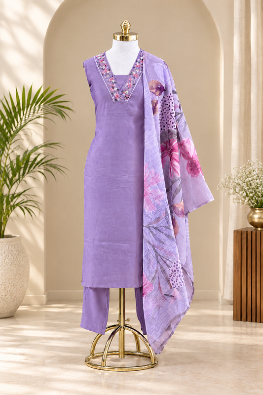 Purple & Green Chanderi Silk 3-Piece Set A2055