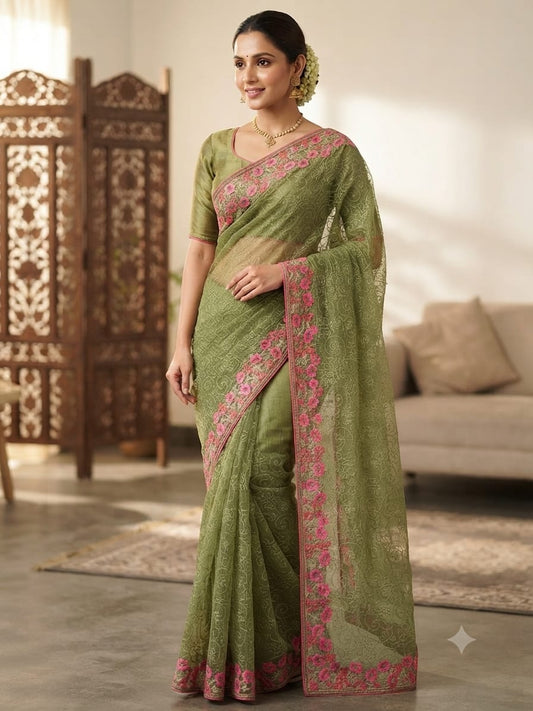 Premium Net Cota Saree with elegant threadwork. A1964