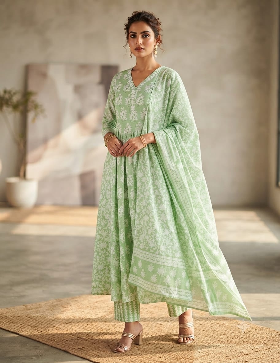 Pastel green Cotton 3-Piece Salwar Collection A1495