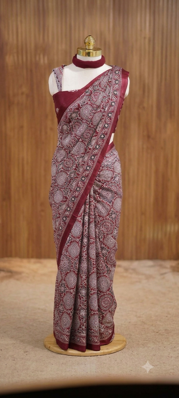 Premium Maroon & Red Ajrak Mirror Work Saree A1924