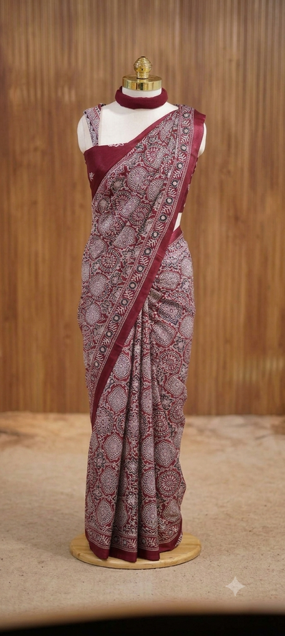 Premium Maroon & Red Ajrak Mirror Work Saree A1924